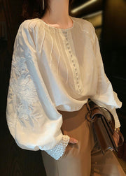 French White Embroidered Button Cotton Shirts Lantern Sleeve