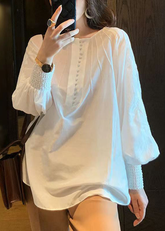 French White Embroidered Button Cotton Shirts Lantern Sleeve