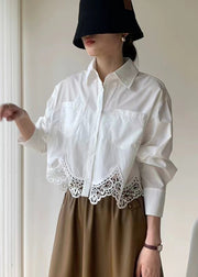 French White Hollow Out Embroidered Patchwork Cotton Shirt Top Fall