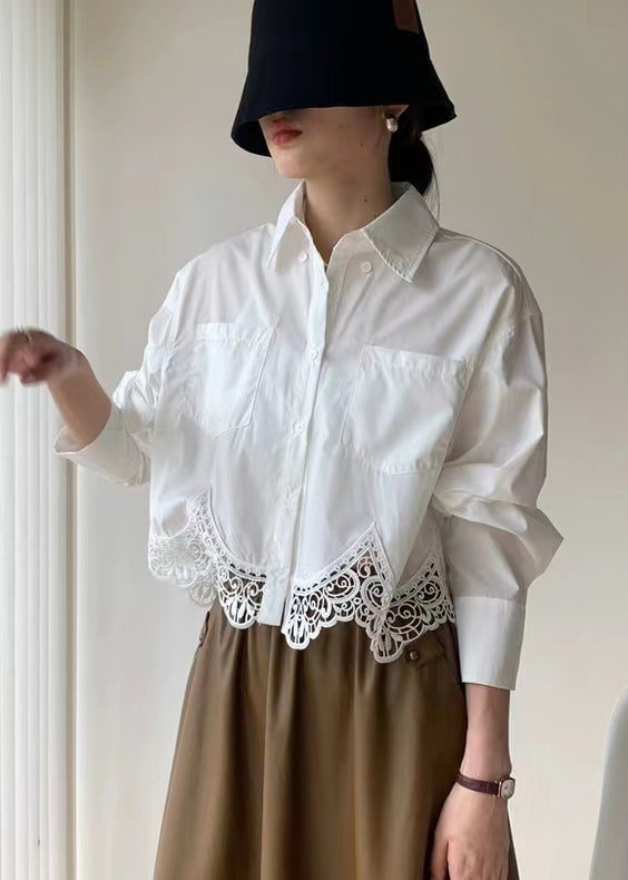 French White Hollow Out Embroidered Patchwork Cotton Shirt Top Fall