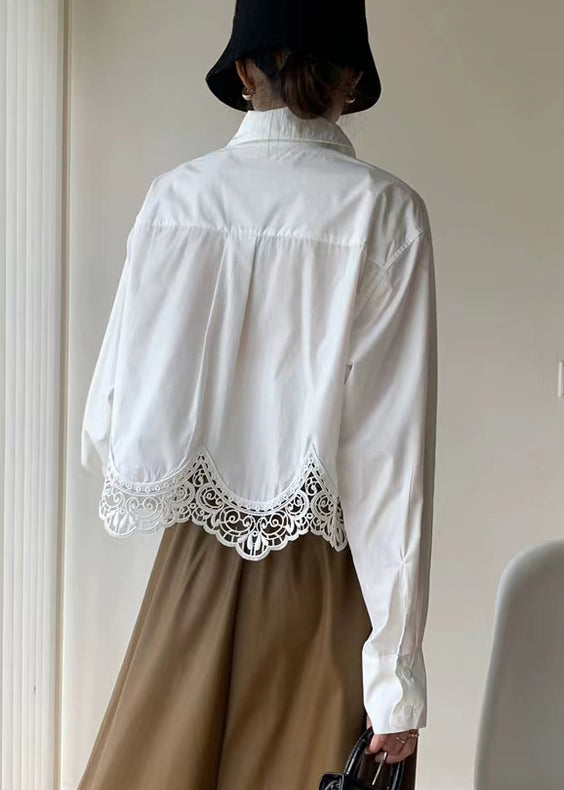 French White Hollow Out Embroidered Patchwork Cotton Shirt Top Fall