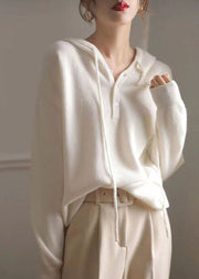 French White Hooded Woolen Knit Sweaters Spring