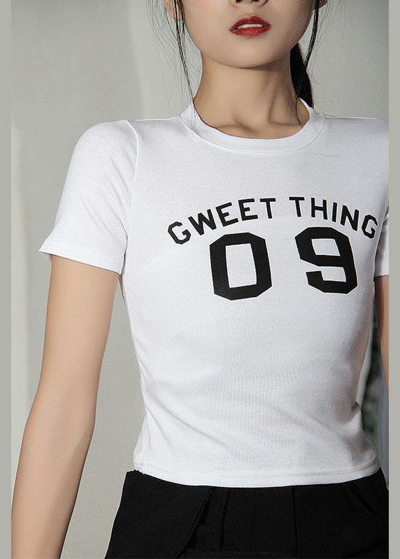 French White Letter O-Neck Cotton Summer Tops - bagstylebliss