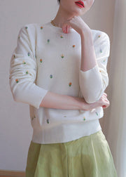 French White O Neck Embroidered Knit Sweater Fall