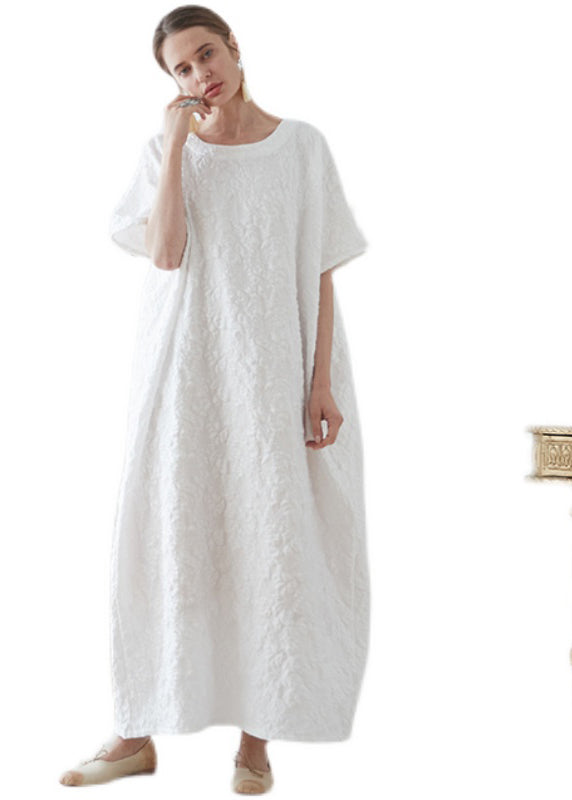 French White O Neck Jacquard Cotton Robe Vacation Dresses Summer