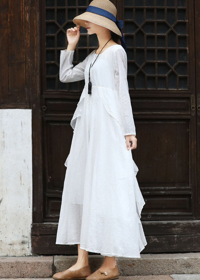 French White O-Neck Ruffled Cotton Party Dress Long Sleeve