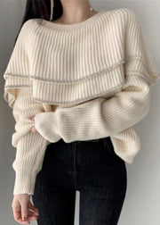 French White One Line Collar Ruffled Long Sleeved Knit Sweater