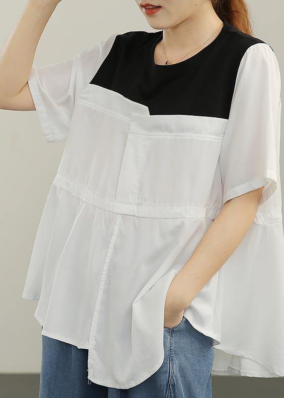 French White Patchwork O-Neck Blouses Summer - bagstylebliss