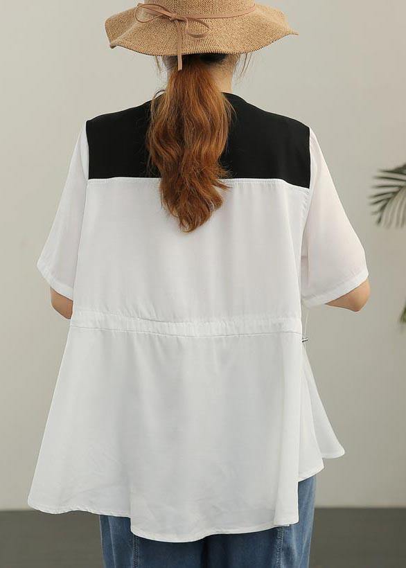 French White Patchwork O-Neck Blouses Summer - bagstylebliss