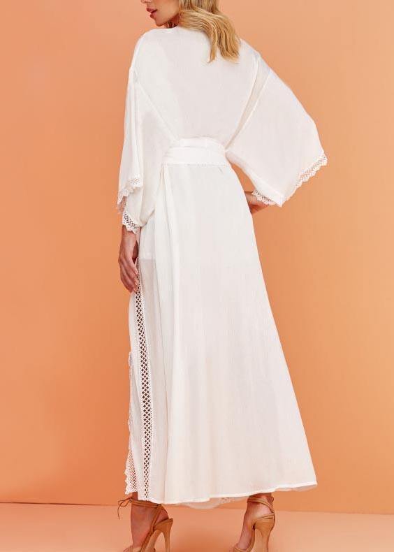 French White Patchwork tie waist kimono robe Maxi Chiffon Dress - bagstylebliss