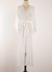 French White Patchwork tie waist kimono robe Maxi Chiffon Dress - bagstylebliss