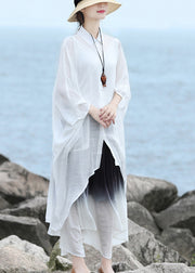 French White Peter Pan Collar Asymmetrical Low High Design Linen Shirts Batwing Sleeve