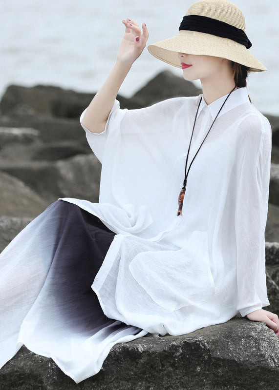 French White Peter Pan Collar Asymmetrical Low High Design Linen Shirts Batwing Sleeve