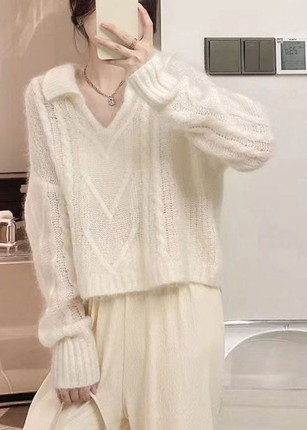 French White Peter Pan Collar Ma Hai Mao Knit Sweaters Spring