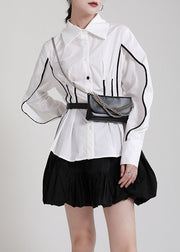 French White Peter Pan Collar Patchwork Wrinkled Cotton Cinch Shirt Fall