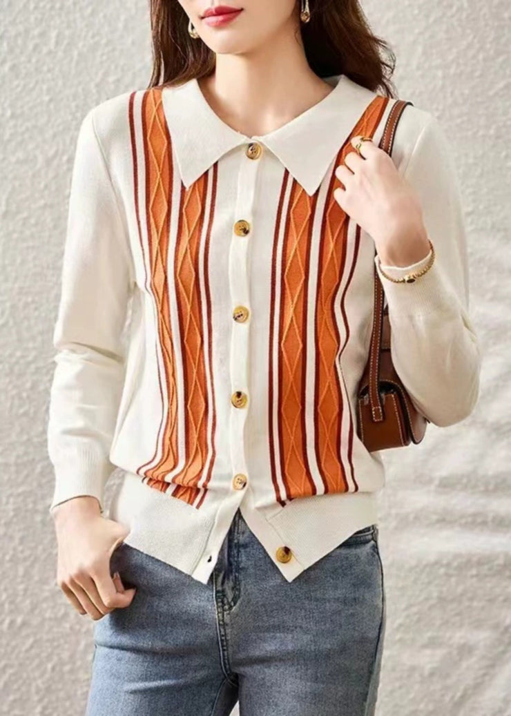 French White Peter Pan Collar Striped Patchwork Knit Sweaters Fall