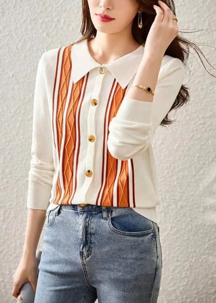 French White Peter Pan Collar Striped Patchwork Knit Sweaters Fall