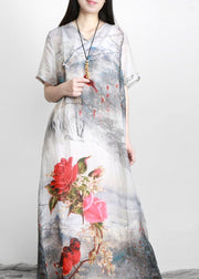 French White Print Linen Chinese Button Vacation Dresses - bagstylebliss