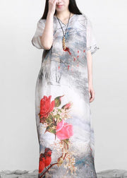 French White Print Linen Chinese Button Vacation Dresses - bagstylebliss