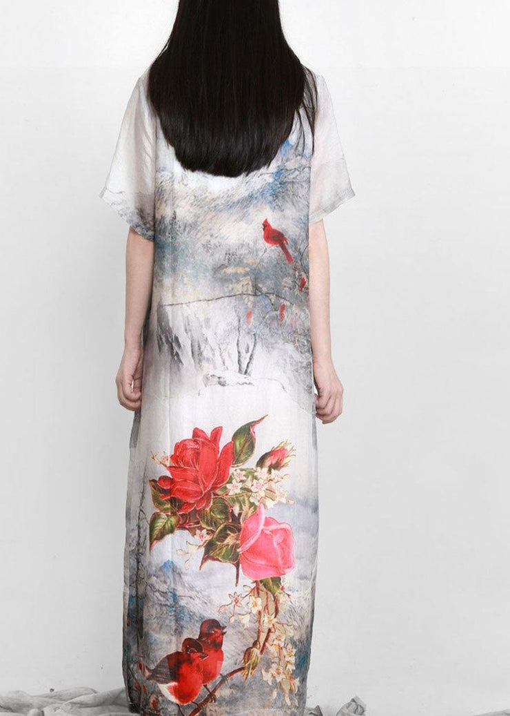 French White Print Linen Chinese Button Vacation Dresses - bagstylebliss