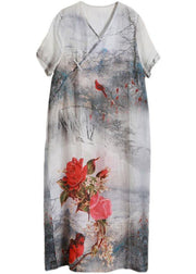 French White Print Linen Chinese Button Vacation Dresses - bagstylebliss