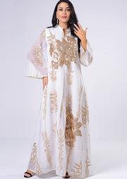 French White Stand Collar Tulle Party Maxi Dress Long Sleeve