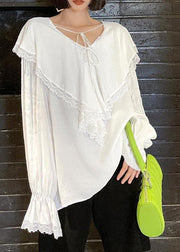 French White V Neck Patchwork Cotton flare sleeve Shirt Top - bagstylebliss