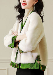 French White V Neck Tasseled Patchwork Wool Coat Winter