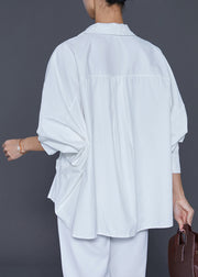 French White V Neck Wrinkled Cotton Blouses Fall