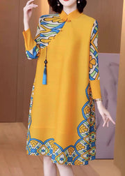 French Yellow Mandarin Collar Button Print Silk Cheongsam Dress Long Sleeve