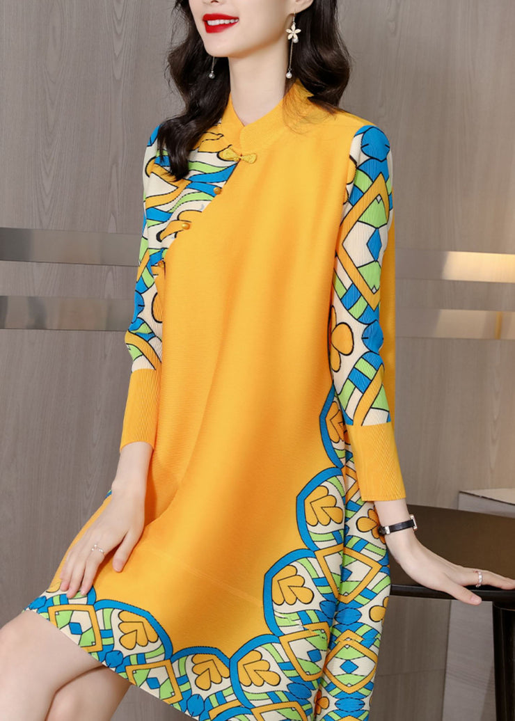 French Yellow Mandarin Collar Button Print Silk Cheongsam Dress Long Sleeve