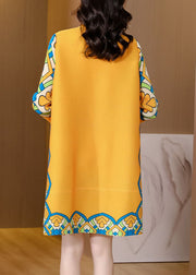 French Yellow Mandarin Collar Button Print Silk Cheongsam Dress Long Sleeve