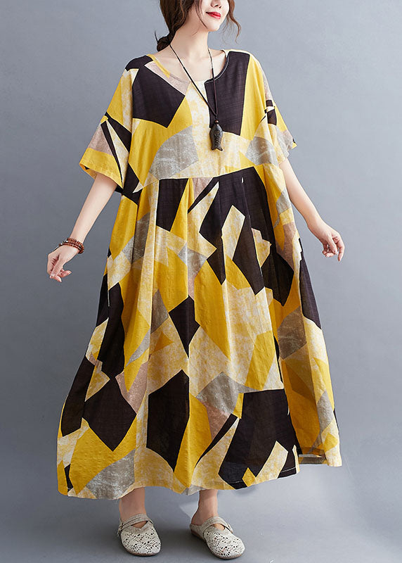 French Yellow O-Neck Print Extra großer Saum Baumwolle Cinch langes Kleid mit kurzen Ärmeln