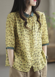 French Yellow Peter Pan Collar Print Button Linen Shirt Long Sleeve