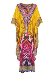 French Yellow Print Beach Gown Summer Dress - bagstylebliss