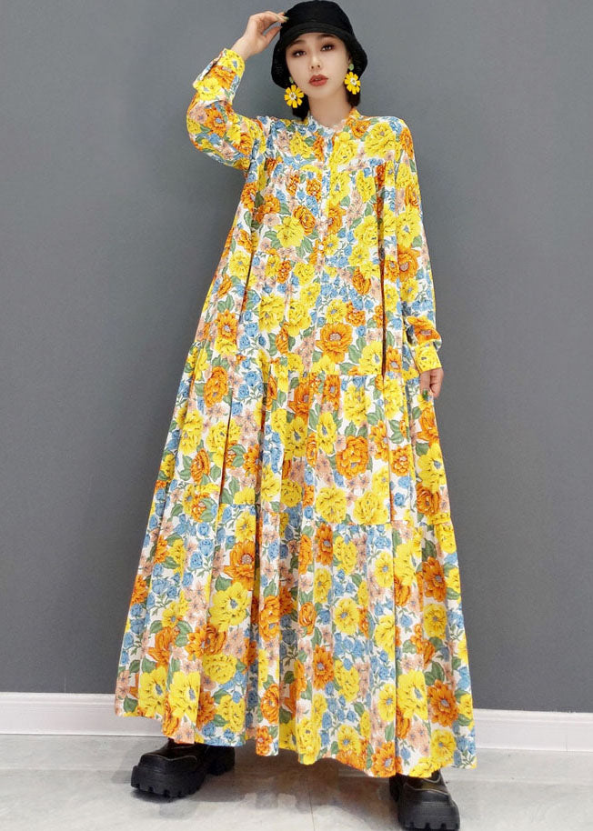 French Yellow Print Exra Large Hem Cotton Maxi Dresses Long Sleeve