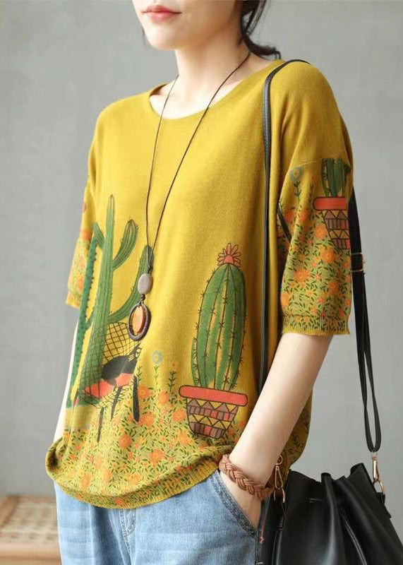 French Yellow Print Patchwork Cotton Knit T Shirts Short Sleeve