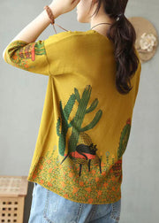 French Yellow Print Patchwork Cotton Knit T Shirts Short Sleeve