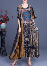 French Yellow Print Silk O-Neck Summer Long Dress - bagstylebliss