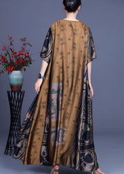 French Yellow Print Silk O-Neck Summer Long Dress - bagstylebliss