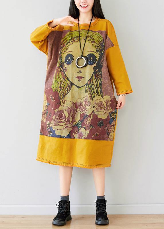 French Yellow U Neck Dress Character Print Spring Ankle Dress - bagstylebliss