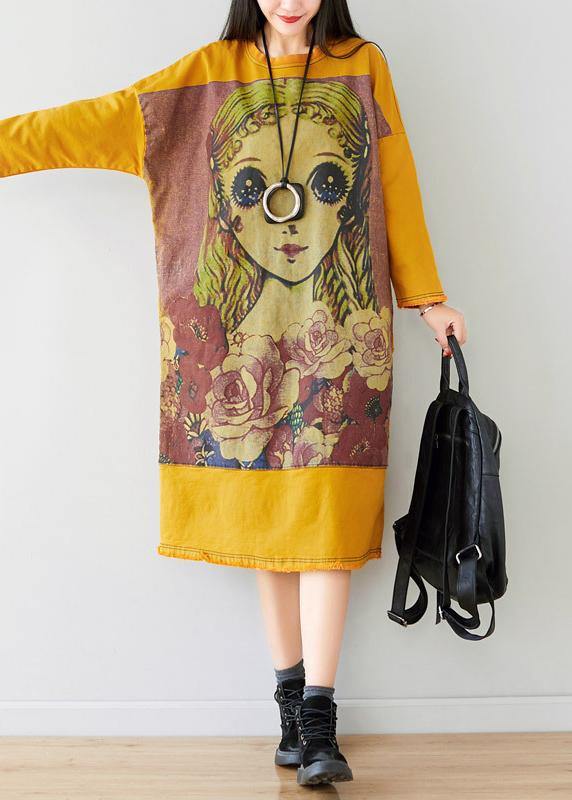 French Yellow U Neck Dress Character Print Spring Ankle Dress - bagstylebliss