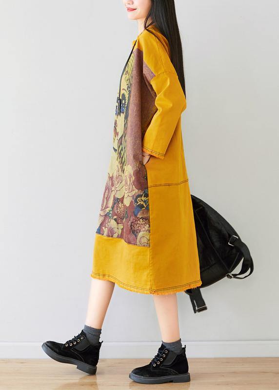 French Yellow U Neck Dress Character Print Spring Ankle Dress - bagstylebliss
