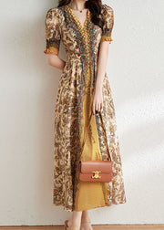 French Yellow V Neck Patchwork Print Silk Long Dress Summer