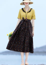 French Yellow V Neck Patchwork Tie Waist Linen Long Dress Short Sleeve