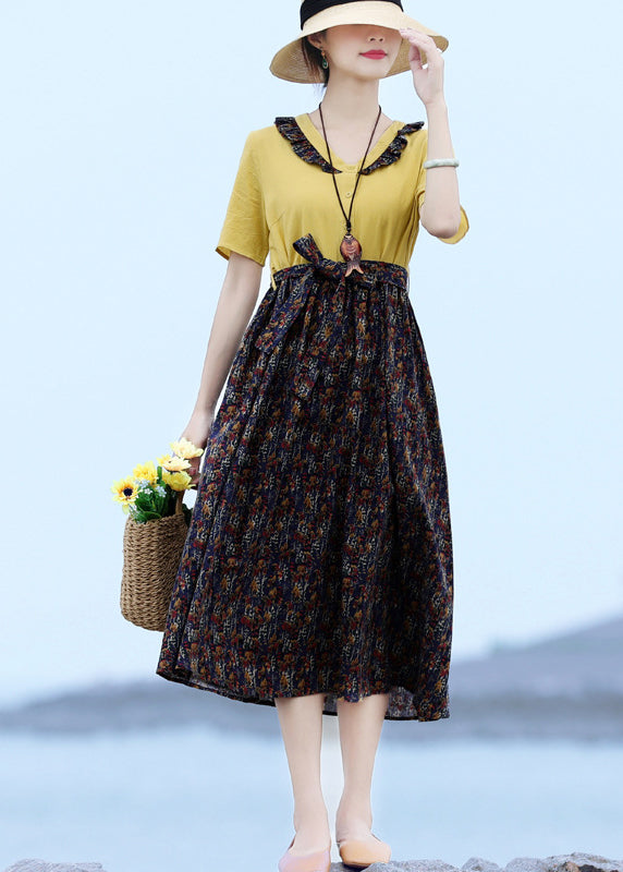 French Yellow V Neck Patchwork Tie Waist Linen Long Dress Short Sleeve