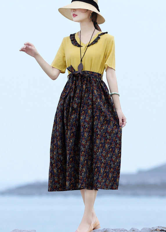 French Yellow V Neck Patchwork Tie Waist Linen Long Dress Short Sleeve