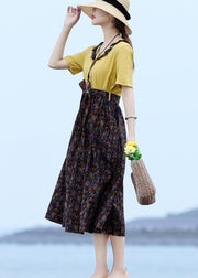 French Yellow V Neck Patchwork Tie Waist Linen Long Dress Short Sleeve