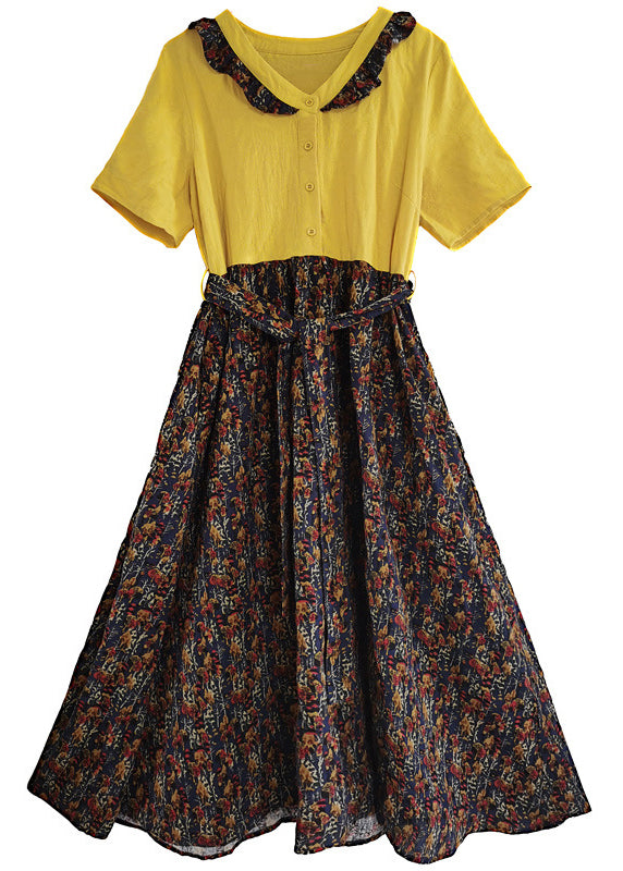 French Yellow V Neck Patchwork Tie Waist Linen Long Dress Short Sleeve