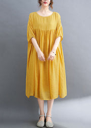 French Yellow Wrinkled Exra Large Hem Cotton Vacation Dress Short Sleeve